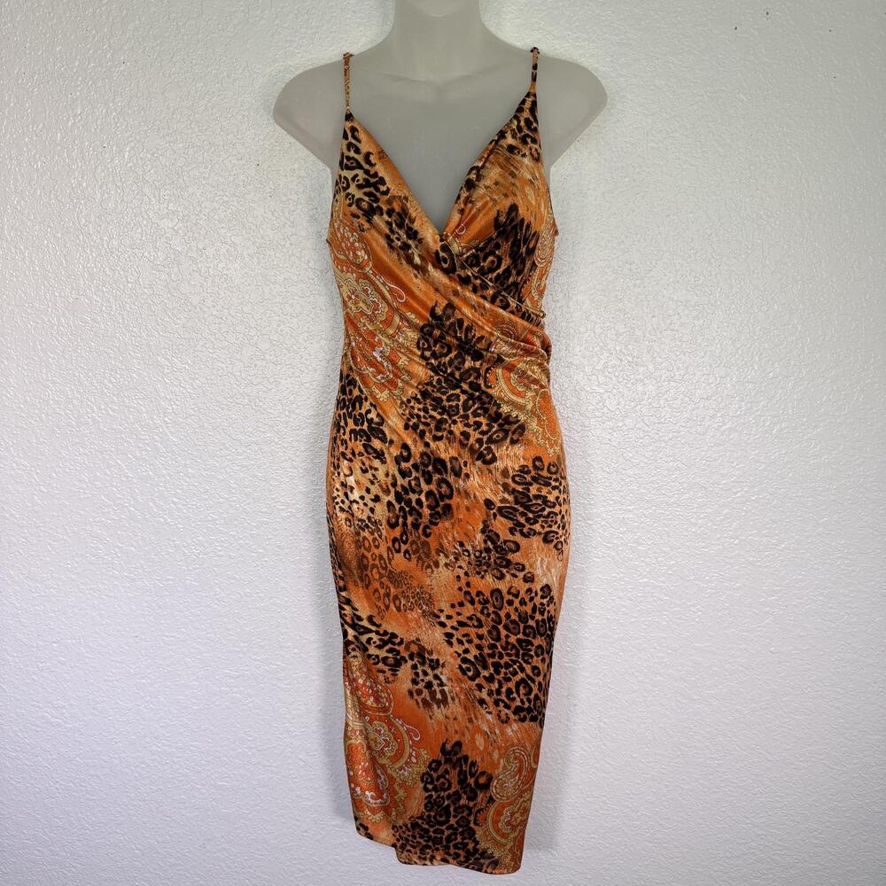 Vintage Y2K Dress Womens Medium Leopard Ruched Slip Bodycon Midi Rubber Ducky 00
